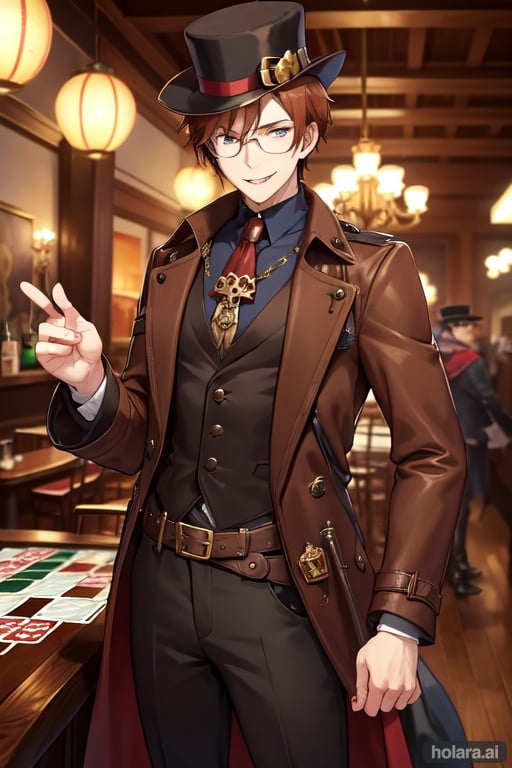 Image of Thief with brown trench coat. He is between 20 and 23 years old. very reddish brown hair. He has a victorian  hat with welding glasses. He's playing poker in a steampunk casino. Smile and point. He has the Queen of Hearts card in his hand.