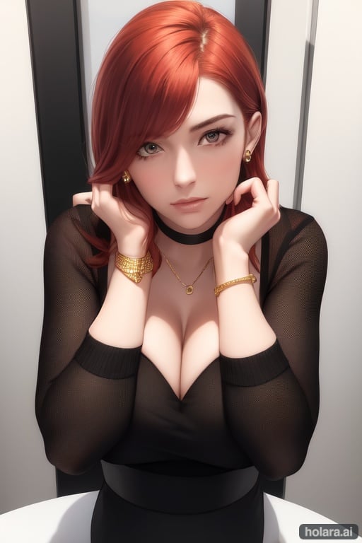 Image of Portrait, 1 girl, redhead, looking at viewer, chessboard front, hands crossed under chin, black dress, gold bracelet, brown eyes, confident, closed mouth, short hair