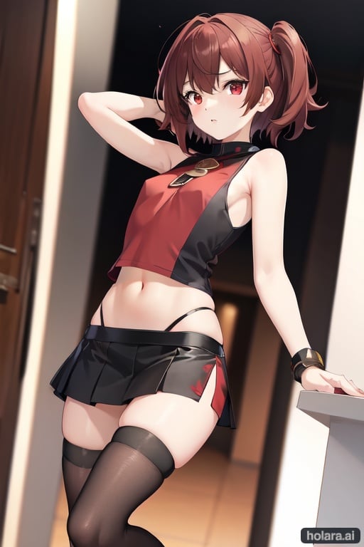 Image of young anime girl small chest
, short messy brown hair with red eyes, sleeveless top, short skirt with black and red tones, high boots with thigh high socks. showing red .

