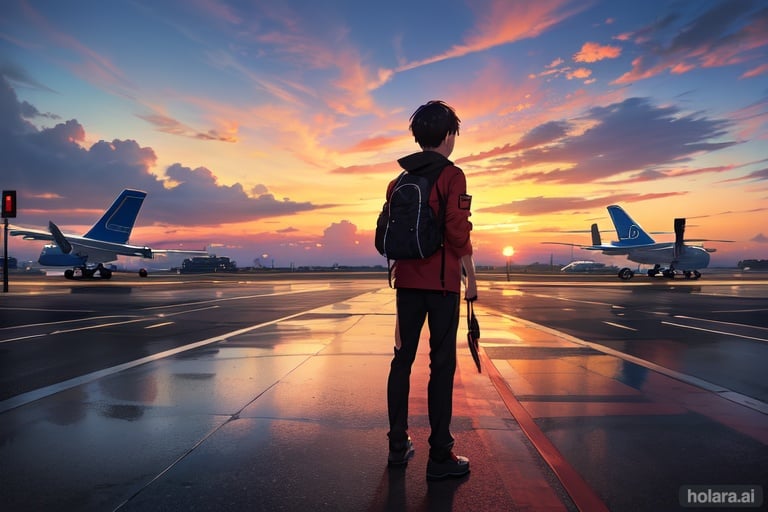 Image of a boy, standing at the airport, evening time after rain, sunset, red clouds, distant view. ultra detailed, cool.