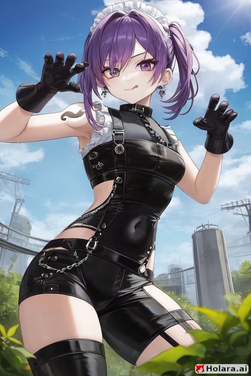 Image of 1boy, solo, fighting stance, from below, purple hair, aqua eyes, tongue out, overalls, thighhighs, earrings, tattoos, gloves, garden