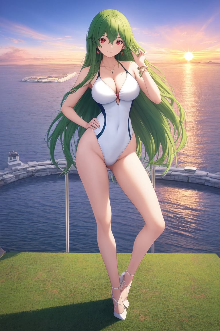 Image of absurdres, 1girl, long hair, straight hair, green hair, red eyes, large breasts, cleavage, one-piece swimsuit, white swimsuit++, high heels, earrings, outdoors, sunrise+, poolside, castle, facing viewer, dutch angle, hand on hip, smile, full body, masterpiece+++