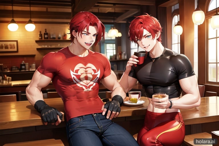 Image of muscular young man with red hair wearing a graphic T-shirt and red leather pants leaning forward smiling with fangs in a cafe in the morning