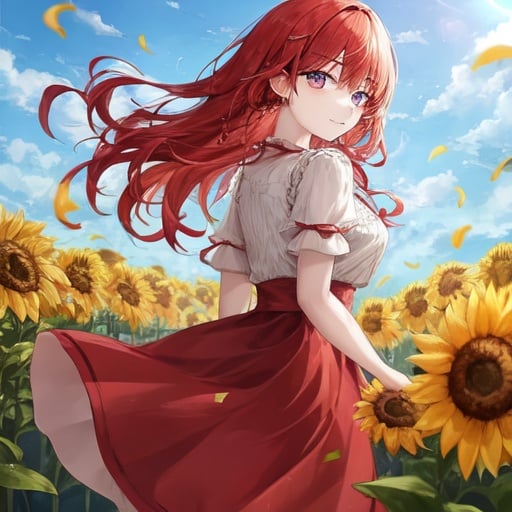 Redhaired woman in a sunflower field