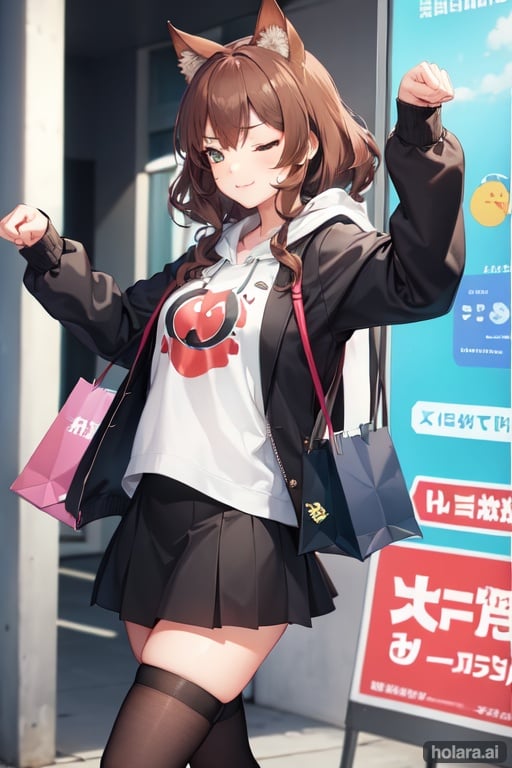 Image of 1girl, solo, paw pose, from side, shopping, one eye closed, smug, hoodie, skirt, thighhighs, brown hair, curly hair, cat ears, aqua eyes