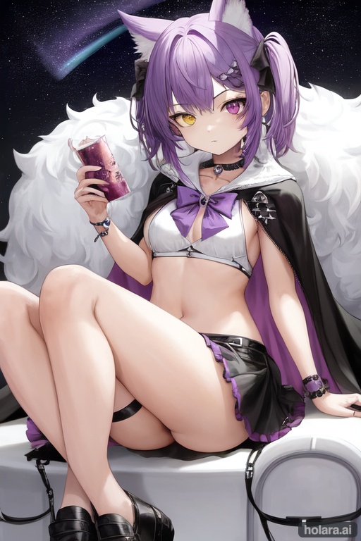 Image of 1girl, solo, sitting, reclining+, purple hair, heterochromia, purple eyes, yellow eyes, :<, spiked hair, dog ears, cape, loafers, choker, starry sky, ass