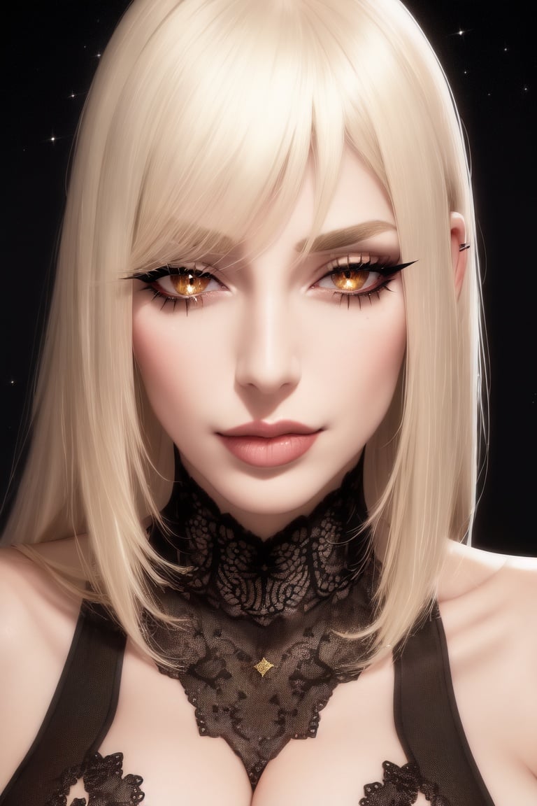 Image of Mature woman, solo, headshot, bleach blonde hair, long hair, bangs, gold eyes, long eyelashes, mascara, black glitter eyeshadow, big lips, lips, blush, beauty mark, black eyebrows, dimple,  intricate detail