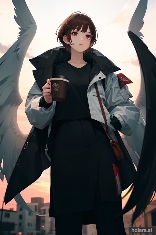 Image of 1girl, short hair, brown hair, tall, angel wings, white clothes, eyebags, cup of coffee, tall, white jacket, strong
