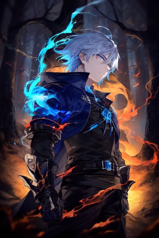 Image of Short hair, eyebrows visible through hair, simple background, long sleeves, hair between eyes, blue eyes, silver hair, 1boy, solo, serious expression, crimson flames around his left side, blue flames around his right side. Fluid flames. Vibrant colours. Mature guy, Red and Blue colours, clear blue sky. Forest.