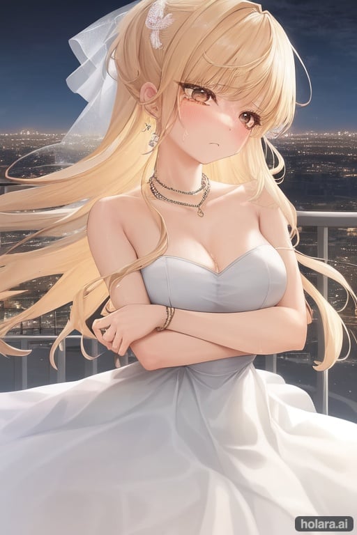 Image of 1girl, solo, blonde hair, white dress, sad+, night sky, balcony, extremely detailed, best quality+++, masterpiece++, crying+, cute face+, cinematic lighting, wind effect++, illustration, (beautiful background)++, crossed arms