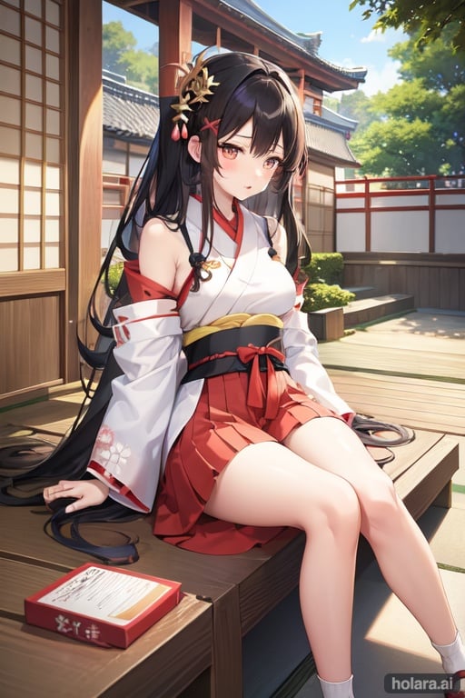 Image of miko, super delicate, full_body, arms_behind_back, beautiful detailed fullbody, girl,woman,female, young,20 years old, long hair, black hair, two-tone hair, beautiful detailed hair, delicate beautiful face, blush stickers, lovely big eyes, medium_breasts, zettai_ryouiki, brown eyes, hair ornament, Kagura Suzu, japanese_clothes, outdoors, day, Japanese courtyard, hyper detailed,
