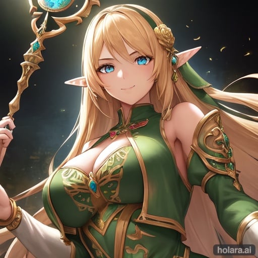 Image of Masterpiece, best quality, hyper detailed, solo, (detailed background)++, 1girl++, (upper body)++, looking at viewer, curvy, long hair, milf,  (large breasts)+, wide hips, from below, femdom, smile, full body, blond hair, golden eyes, elf, dress, fantasy, priestess, green dress, staff, blue eyes, 