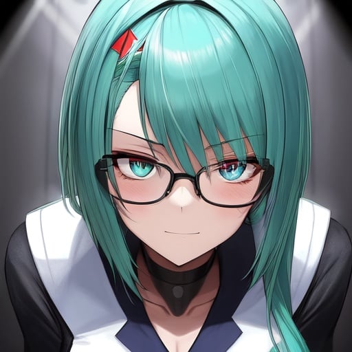 Image of Asymmetrical face,Yandere ,Stripper,Mistress brownish hair asymmetrical hair ,highres,Shiny, Fembot Scientist,,Fembot,gles, green and blue hair,slender,arms, obsessed, devoted,Loyalty,hypnotic eyes, high resolution, mind control kit