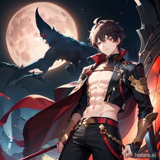 Image of (luca shadowverse), (male focus), crop-top, black pants, red eyes++, boy, (giant moon) 