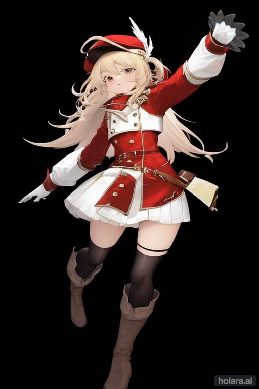 Image of (masterpiece), best quality, expressive eyes, perfect face, full body, 1girl, blonde haired fourteen years old girl, dressed in a red and white outfit, wearing a red coat over a white dress, large red newsboy cap with a two white feathers, white shorts, long blonde hair, yellow eyes, un hair, brown gloves with a small white gem on the back, brown boots with white trimmed thigh high black socks,