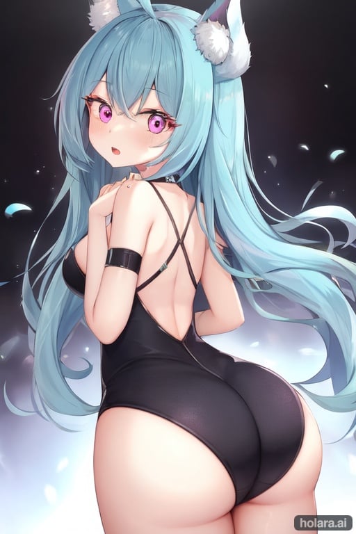 Image of girls completely cya hair eyelashes female female only long hair looking at viewer magenta female pink eyes solo ass focus breaking the fourth wall cute hands behind back open mouth purple eyes talking to viewer, cyan hair