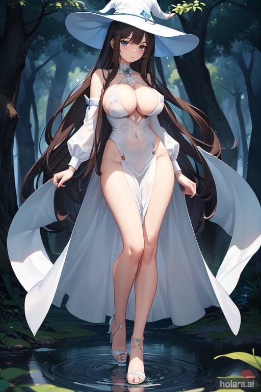 Image of full body, solo, 1 girl, brunette hair, cute face, slim figure, wide hips, white skin, witch dress, open clothes, heels, huge boobs, standing,  blue eyes, forest, lake, 3d, beautiful girl, high detail