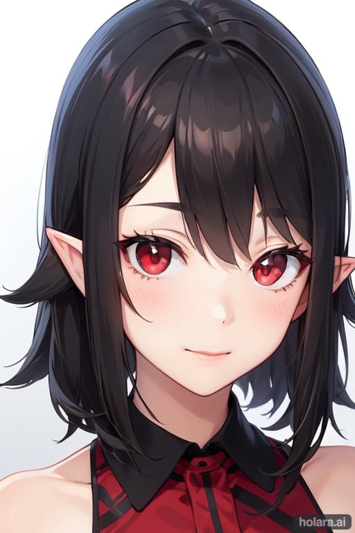 Image of 1girl, solo, black hair+, red eyes++, smug+, office clothes++, cinematographic light, focus, blurry background, slightly pink skin+, pointy ears+, dark clothes+, closed mouth
