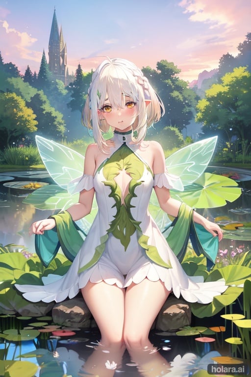 Image of Nature+++ Fairy +++ White hair+++Pixie +++ water splash +++ Pond+++ Glowing plants+++ Mystical+++ tan ++Pink winks++ Colorful bright sky+++ Fairy girl ++ bioluminescent water ++High quality++ Sunny ++ Bright++ yellow  eyes++ blush ++ happy ++ confident + yellow horns ++ Grass ++ Greenery ++ tan ++ tan skin ++ Long white hair ++ Long hair