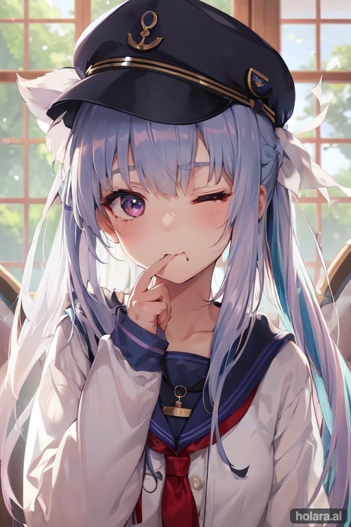 catgirl, blue hair, one eye is closed, a collar around her neck, sleepyhead, in a military worm, in a ubka, a knife near her throat, stands still, behind her ponytail, sweet face, beautiful hair, her mouth is open, she put her finger in her mouth
