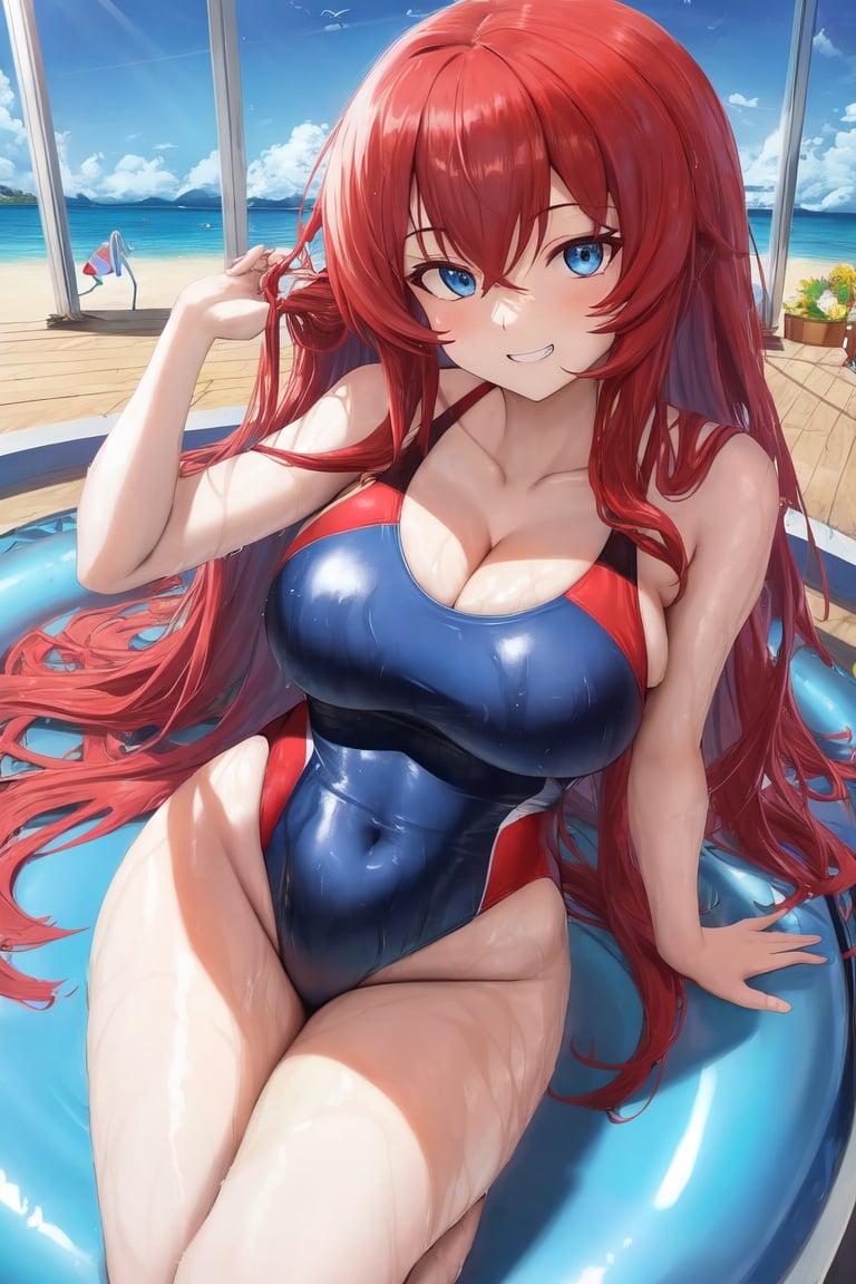 Image of absurdres, rias gremory, long hair, red hair, blue eyes, large breasts, cleavage, one-piece swimsuit, blue swimsuit+, barefoot, goggles on head, indoors, poolside, sunset, looking at viewer, from above, grin