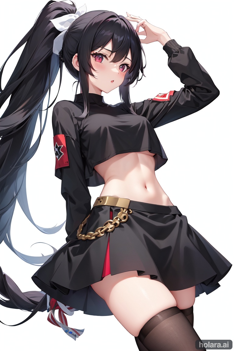 Image of 1girl,long hair,average girl,black hair,blackeyes,medium boobs,skirt,stockings,legs up,ponytail, black croptop