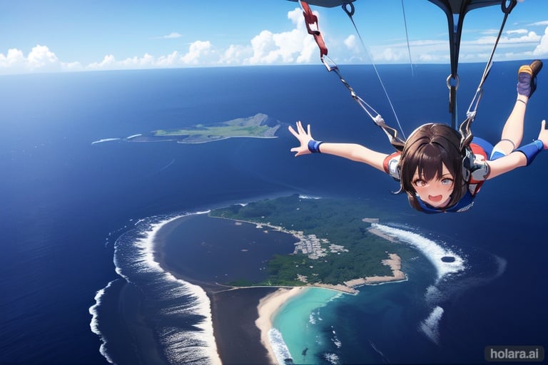 Image of 1girl, sky diving, scared face, teary eyes, dark hair, short hair, island, ocean, flying stuff