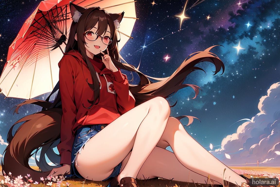 Image of 1girl (masterpiece), (best quality), (ultra-detailed), (super fine details), intricate fabric, realistic-, dynamic lighting, 1girl, brown hair, (fair skin), (red eyes), very long hair, hair between eyes, perfect female proportions, super detailed skin, looking at viewer, wolf ears, tail++, wide hips, brown shirt, long sleeves, teenage, jeans, open field, happy, from front, sitting on bench, detailed background, full body, round gles, open mouth, cherry blossoms, smile, :3, red hoodie, scarf, starry sky++++, night