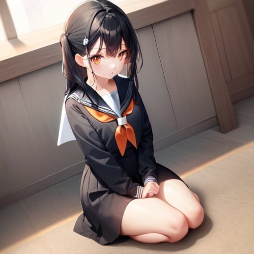Image of 1girl, solo, sitting, seiza, dutch angle, black hair, orange eyes, furrowed brow, sailor, park