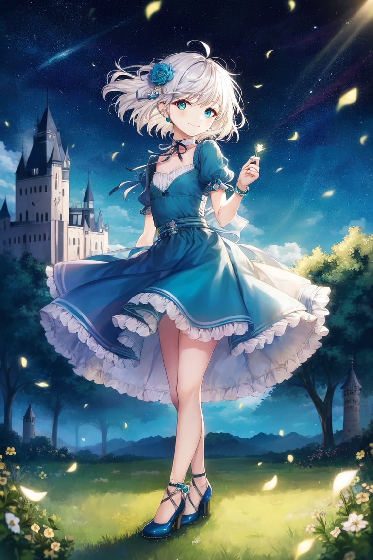 Image of Masterpiece+++, best quality++, beautiful, cute++, cute face+++, petite++, 1girl, solo, small breasts, very short hair, white hair, pixie cut+, ahoge, long bangs+, double-parted bangs, ribbon bangs+, messy hair, beautiful detailed hair+, teal eyes, beautiful detailed eyes+, eyebrows visible through hair, sleepy+, full body+, outdoors, castle courtyard, teal frilled dress, hair ornament, dancing, light smile, looking at viewer, light effect++, cinematic lighting++ wind effect++
