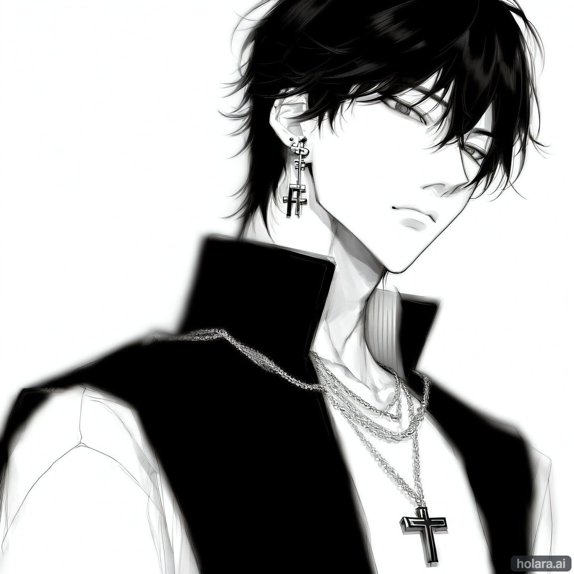 Image of (black and white)++, (monochrome)++, (boy)+, (male focus)+, sweater, (handsome)+, (straight hair)++, black hair, (manhwa)+++, Korean, white background, (lineart)+++, cute, (cross earrings)+, chain necklace, (baby face)+, baggy clothing