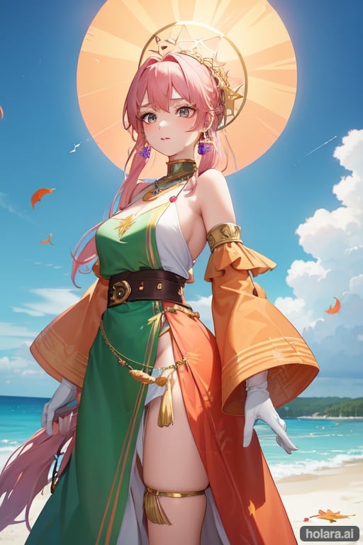 Image of Babbie, Female, violet pink and peach high ponytail with trails, wearing medieval green dress with gold trim and belt with white gloves, sea-green and red bead necklace and red dreamcatcher earrings, standing on a orange beach with futuristic buildings in the background and fall leaves swirling all around her, masterpiece, best quality