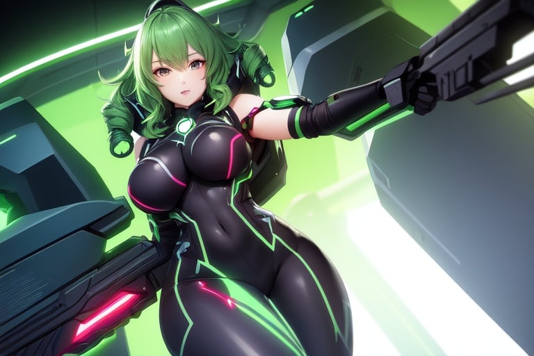 Image of 1 girl, alone, green hair, ruby eyes, curly hair, pointy ears, tech fantasy clothing