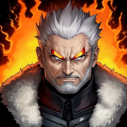 Image of Man (thick eyebrows)++, angry--, portait, hell flame backround, burning eye, grey hair