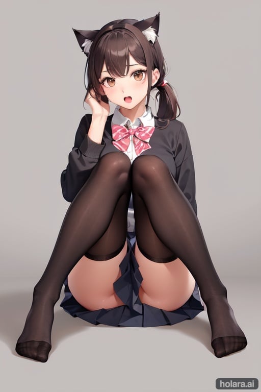 Image of Girl, solo, pony tail, medium length hair, dark brown hair, brown eyes, cat ears, cute+, petite body, perfect body, thigh high socks, on sofa, legs spread+, up skirt, lace bra+, school girl, school uniform, highly detailed, two legs, two arms, four fingers, 1 thumb, anatomically correct hands, perfect hands, anatomically correct feet, perfect feet, open mouth, anime eyes, anime face, cute anime face, small feet+, cute feet,feet up, no underwear, thighhighs, simple background, bowtie, pleated skirt