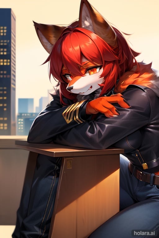 Image of 1girl, solo, head rest, from side, red hair, orange eyes, cat ears, military uniform, jeans, ascot-, cityscape