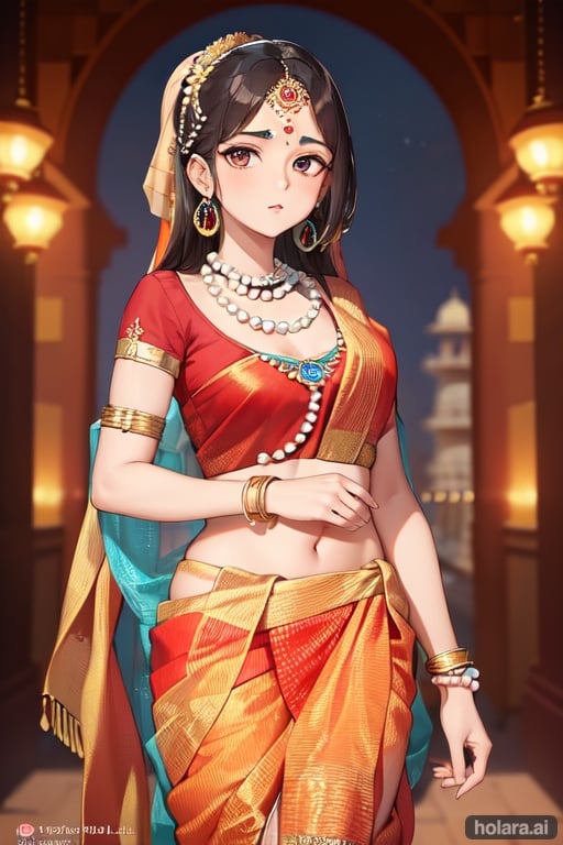 Image of masterpiece++, best quality++, ultra-detailed+, (indian girl)+, (india)+++, (bangles)++, 4K, 8K+, best quality, beautiful+, black hair, vivid colors, indian, brown eyes, (brown skin)++, beautiful, (Saree set)+++, (taj mahal background)++, girl, (pearl necklace)++, (bind)++