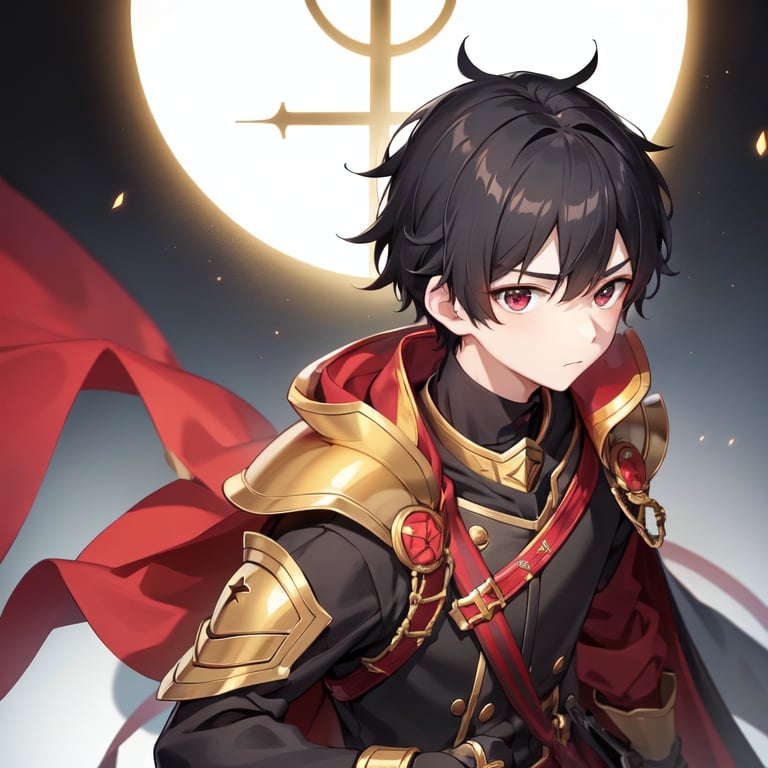 Image of 1boy, shota, Golden helmet covering His face, detailed golden armor, red gloves, black hair