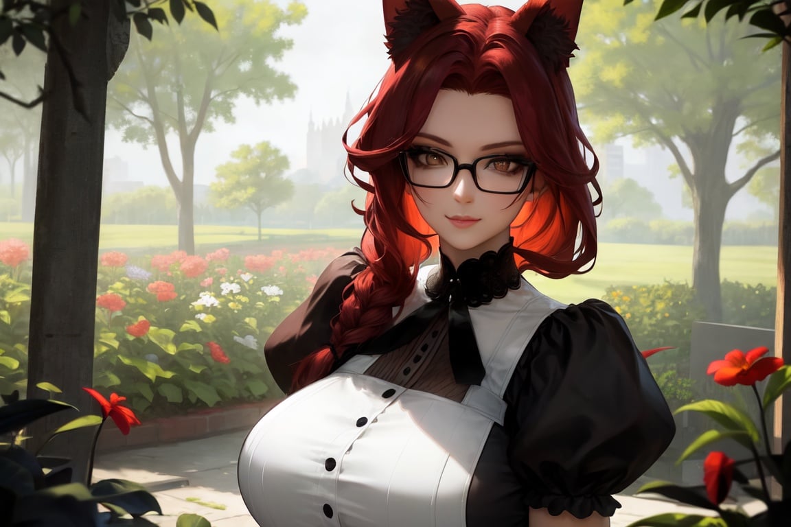 (huge breast:1.7),gigantic breasts++, milf, foxtail, foxgirl, fox ears, slit eyes, cat eyes, sideboob, apron, maid outfit,ray tracing, intricate details, mature woman, (masterpiece), best quality, expressive eyes, perfect face, detailed eyes, choker, ray tracing, intricate details, ,lipstick, eyeliner,  glasses,  braid, ponytail, red hair, , garden, dawn, flowers, tree shade