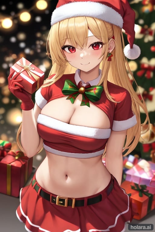 Image of Christmas, girl, Christmas-themed skirt shirt, skirt, santa hat, blonde, M.I.L.F, boobs show