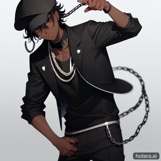 Image of boy, Dark Skin, black hair, afro, wear black jacket, wear black cap hat backwards, eyebrows visible through hair, male focus, standing, white background, wearing chain around his neck, white color on left eye and black color on right eye,  high quality, a gun on his hand, loli, short (loli) /(Hololive/)