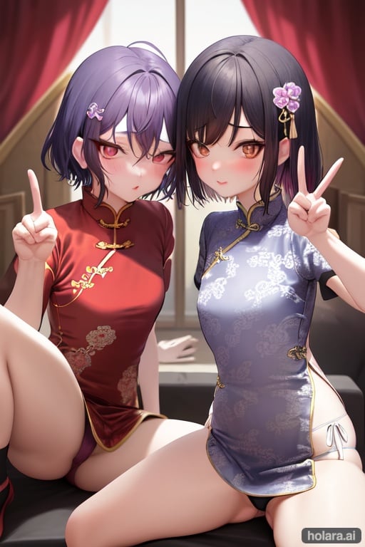 Image of downblouse,two women,chinese dress,lace ,,lift up skirt,peace sign,tiny breasts,whole body,thin,small ,cute face,thin lips,embarred,excited,short hair,violet hair,love hotel,anime style,illustration,kiss