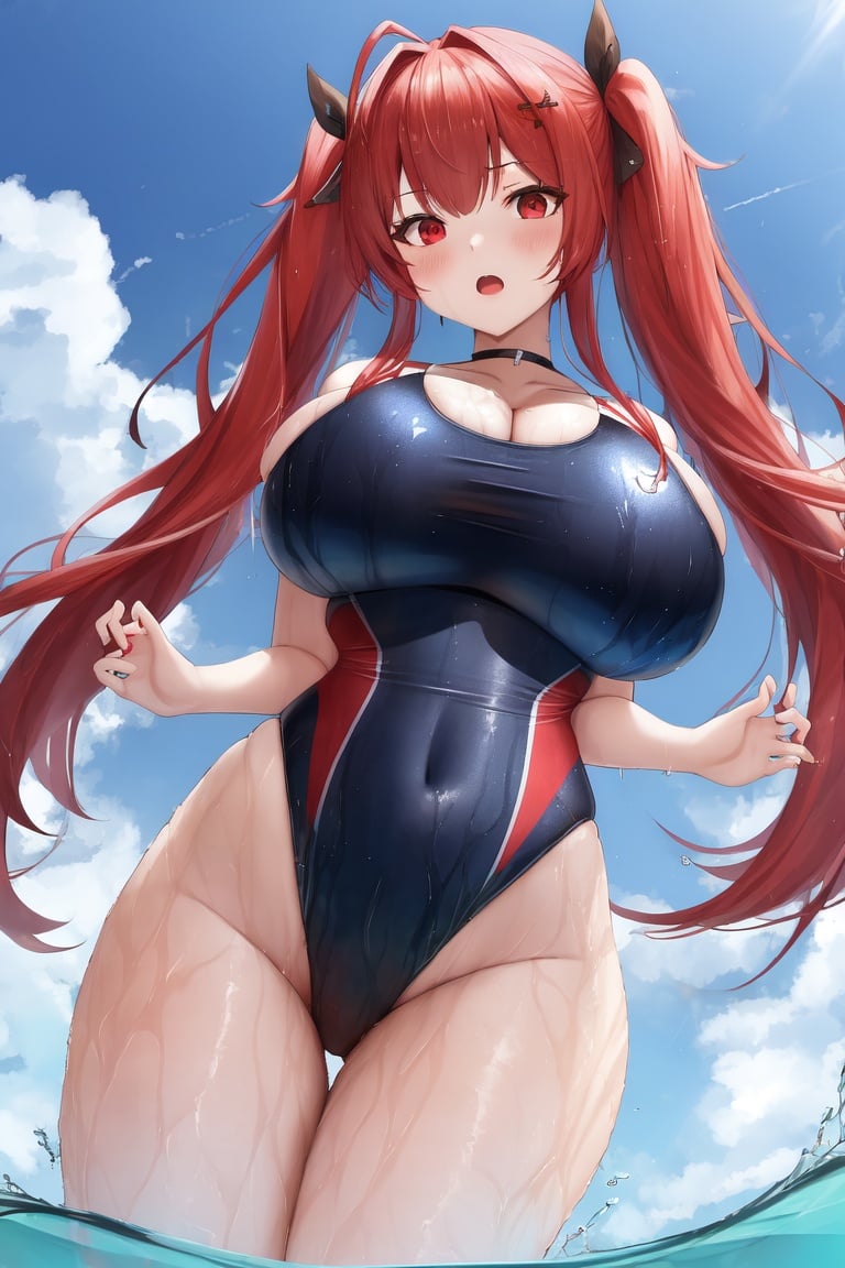 Image of absurdres, honolulu (azur lane), long hair, twintails, red eyes, red hair, huge breasts, cleavage, one-piece swimsuit, highleg swimsuit, barefoot, green swimsuit+, outdoors, poolside, sunrise, looking at viewer, from below, blush, open mouth