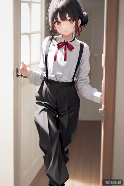 Image of (one adult girl)++, rectangle face, updo, hair ornament, strands of hair hanging, shirt, ribbon, suspenders, trousers, halfboots, (flat chest)++, (small breast)+++, (curvy)----, slender, short height, (bedroom)+, in front of a door, big smile, encouraged, (adjusting her suspenders)++, (grabbing her suspenders)++, standing, face looking up, open mouth