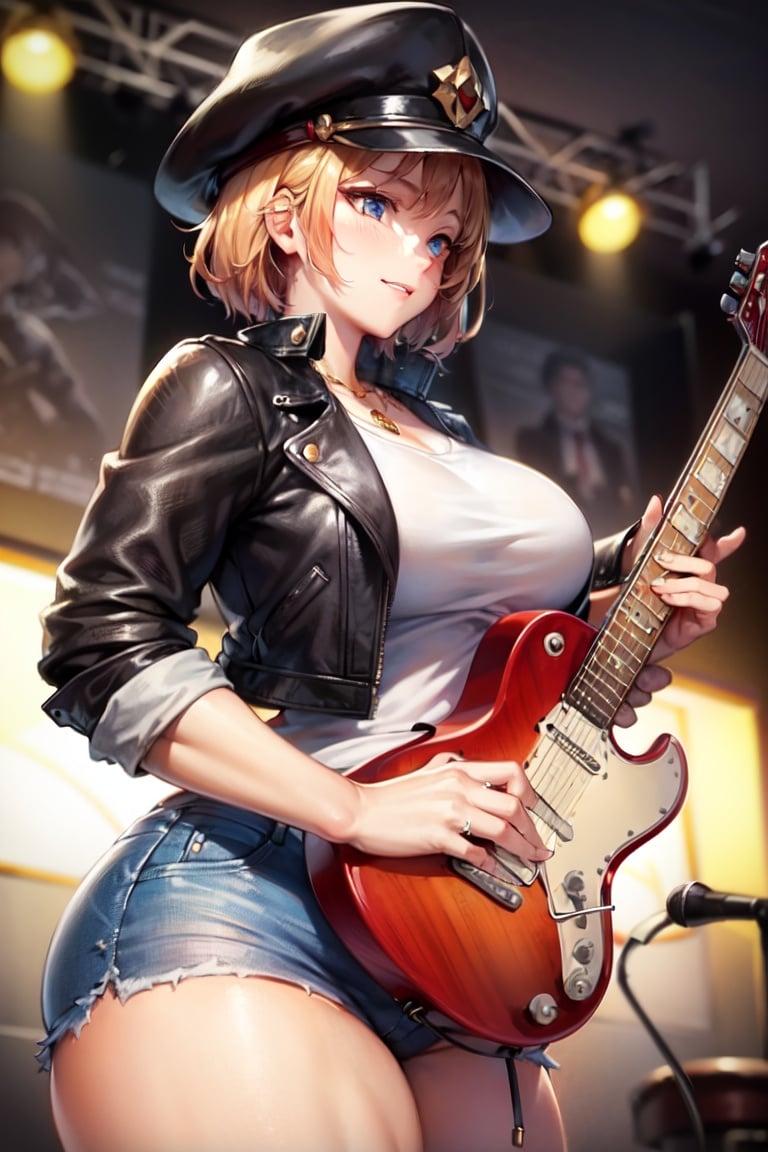 Image of (masterpiece, perfect anatomy, proper finger structure, perfect hands)++, best quality, highres, ultra-detailed, illustration, Large hat, leather jacket, long leather coat, jeans, leather armor, curvy, blue eyes, tanned skin, short hair, playful, guitar in hands, on stage, fantasy, medieval,