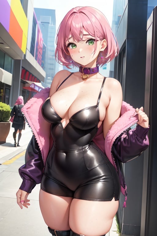 Image of 1 girl, (thick thighs)+++, small breasts, collar with a heart, purple dress, tight clothing, boots, collar, short hair, pink hair, freckles, earrings, makeup, blush, green eyes, punk, casual ware, street clothing, at the mall 
