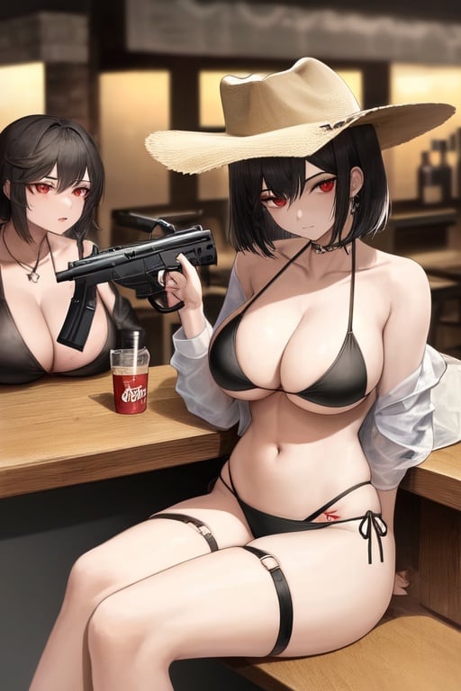 Image of bikini,black hair ,bune haircut,short hair,red eyes ,sitting on a chair,big breasts, thong bikini,butt,closed mouth,upset,in resturant,adult,veiw from back, cowboy costume,cowboy hat,cowboy shoes,gun,pionting the gun at veiwer