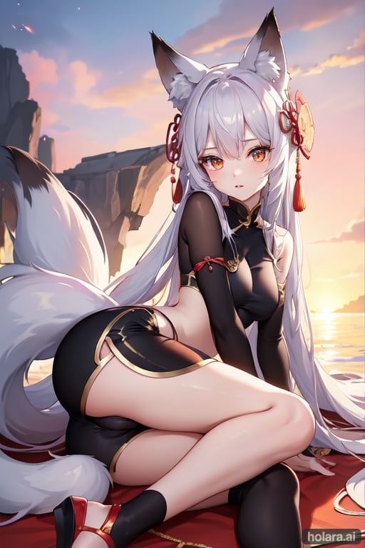 Image of fox ears, chinese clothes, fox tail, jewelry, sunset, tight skin tight, light, oasis, lying