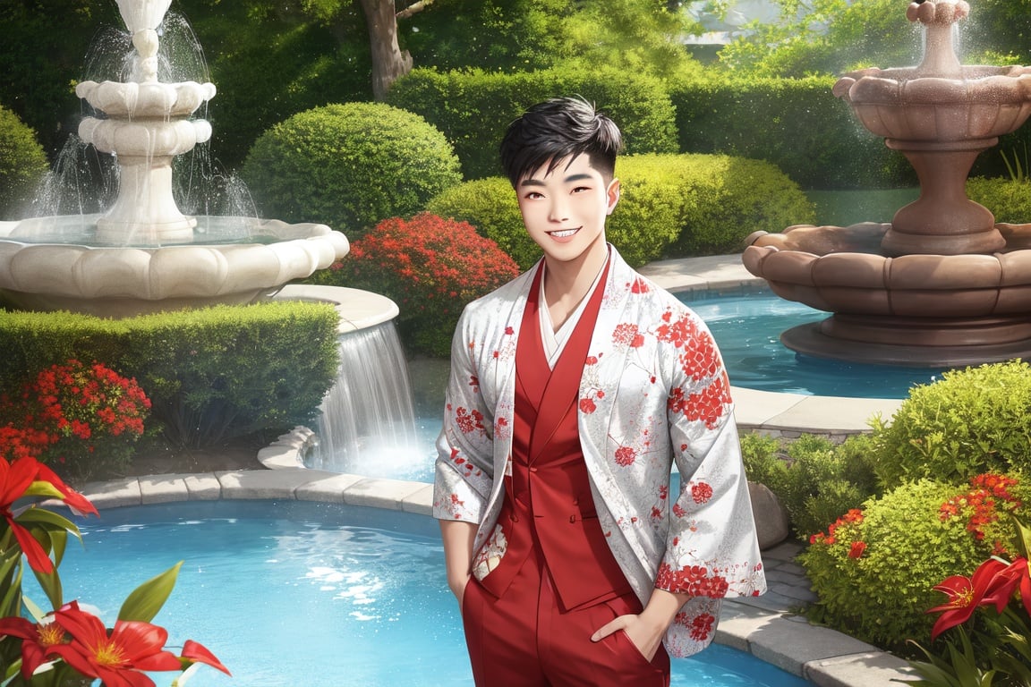 Image of Young smiling Asian man with wearing a red and white patterned kimono standing in a garden with a large fountain