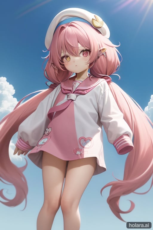 Image of baby,5 years old, very long hair, messy hair, bangs, hair over one eye, low twintails, pink hair, two-tone hair, Iridescence and rainbow hair, snowflakesdetailed cute anime face, medium_breasts, sailor suit, bare_legs, blue_sky,